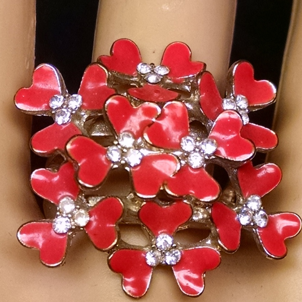 Rare Enamel Cluster Tiny Flowers Rhinestones Ring - image 1